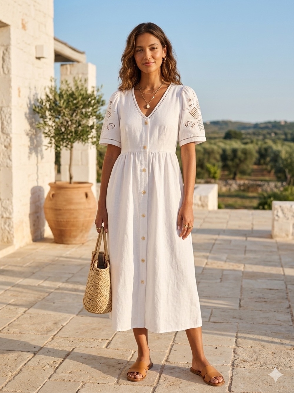 Madewell Linen Eyelet Midi Dress - Picture 1 of 5